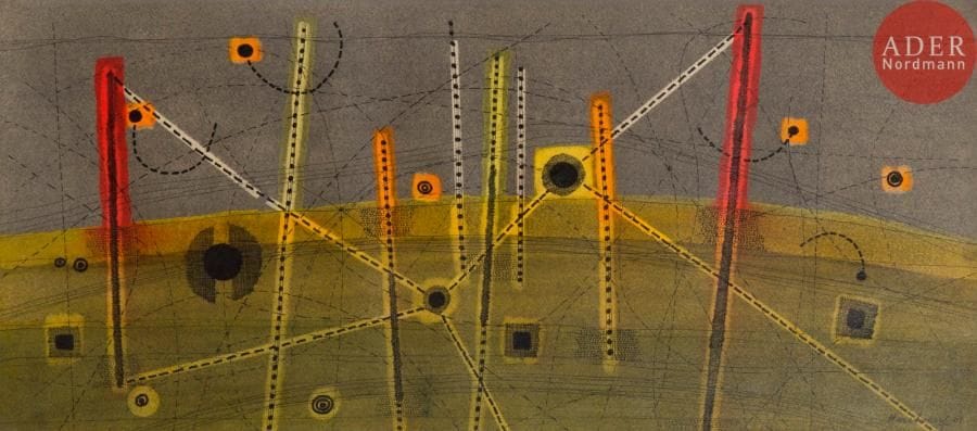 Henri HEERBRANT [belge] (1912-1982)
Signaux, 1954
Encre et aquarelle.
Signée et datée en bas à droite.
20 x 44.5 cm