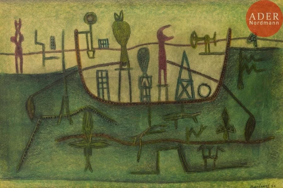 Henri HEERBRANT [belge] (1912-1982)
Fertilité minérale, 1950
Technique mixte sur papier.
Signée et datée en bas à droite.
30 x 45 cm
Exposition : 
XXVIIe exposition biennale internationale des Beaux-Arts, Venise, 1954, n°273 (étiquette au dos).