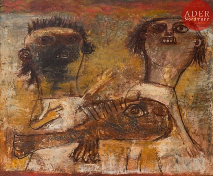 Akira KITO [japonais] (1925-1994)
Le Aquarum, 1955
Huile sur toile.
Signée en haut à droite.
Signée, datée et titrée au dos.
46 x 55 cm
