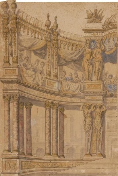 Attribué à Jean I BERAIN (c.1640-1711)
Galerie d’un palais ornée de balcons remplis de personnages en tenue de carnaval, 1667
Aquarelle, plume et encre noire sur traits de crayon noir.
Dans un cadre ancien.
(Partie découpée dans le haut, nombreuses épidermures, insolé).
41 x 27.5 cm

On peut rapprocher ce dessin de la partie gauche d’un décor de Jean Bérain pour la 4ème entrée illustrant  l’Italie de L’Europe Galante, opéra-ballet par Houdar de La Motte et André Campra. Une contre épreuve du décor complet à la pierre noire est conservée aux Archives Nationales (voir Inventaire par Jérôme de La Gorce du Recueil des Menus Plaisirs du roi, notice MP00071, cote CP / 0 / 1 / 3238).