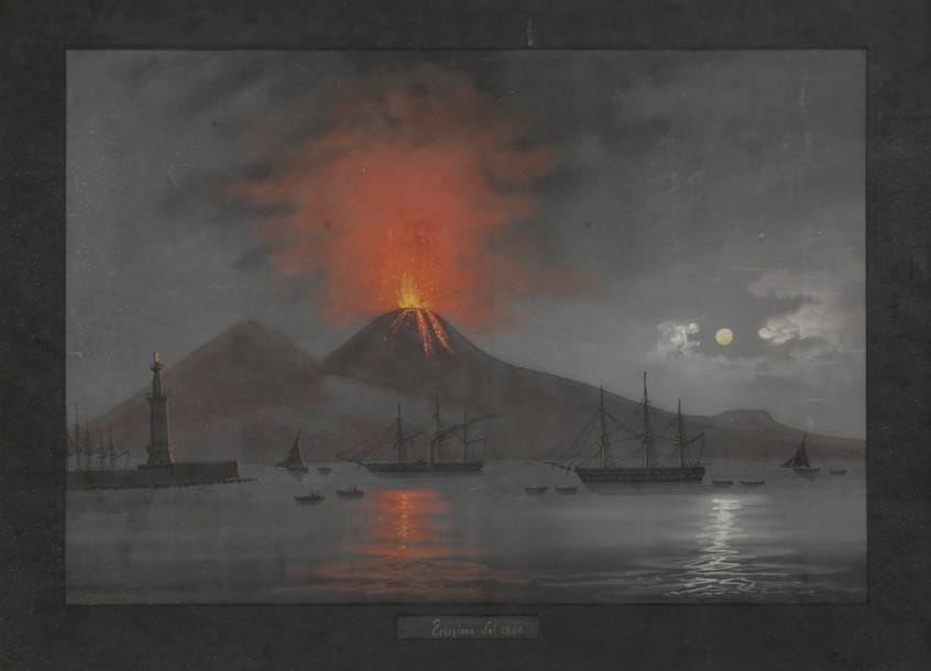 ÉCOLE NAPOLITAINE
Éruption du Vésuve de nuit
Gouache.
Titrée  «Eruzione del 1860».
(Quelques pliures).
30 x 42 cm
