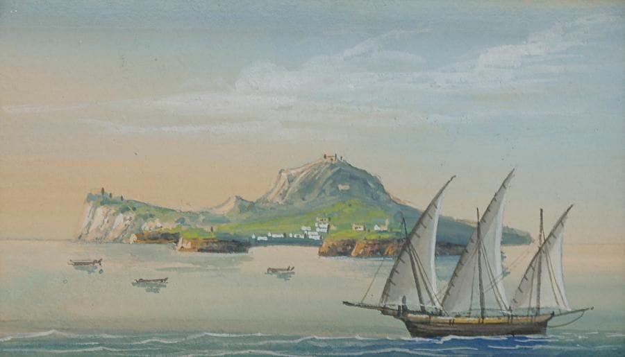 ÉCOLE NAPOLITAINE
Deux vues de Capri et trois vues du Vésuve
Gouache.
34 x 49 cm