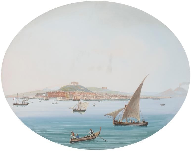 ÉCOLE NAPOLITAINE
Vue de la baie de Naples
Gouache sur fond lithographié.
20 x 26 cm