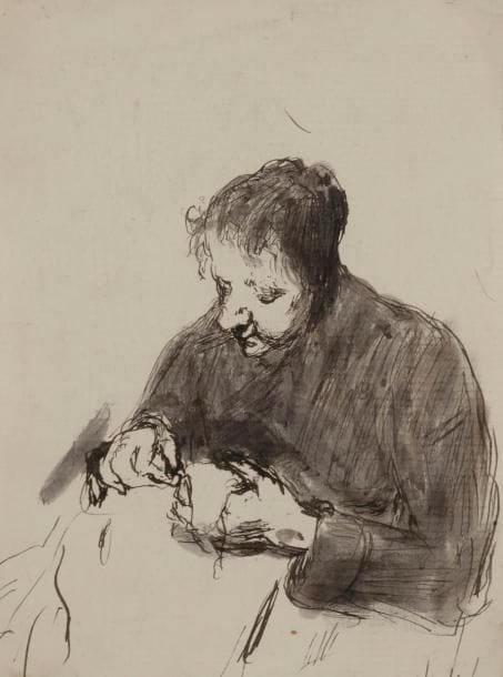 Théodule Augustin RIBOT (1823-1891)
Femme à sa couture
Plume et lavis.
12 x 9 cm
