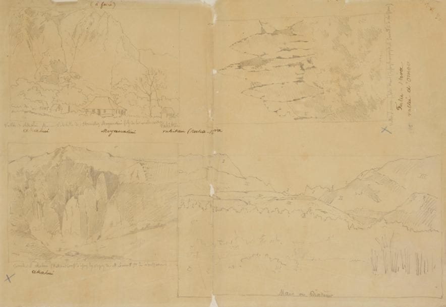 Pierre LOTI (1850-1923)
Paysages du Japon
Mine de plomb.
Non signée.
(Pliures et manques).
26 x 38 cm
