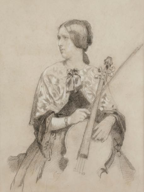 Louis GALLAIT (1810-1887)
Jeune Femme au violoncelle
Fusain rehauts de craie blanche.
Non signé.
50 x 45 cm
