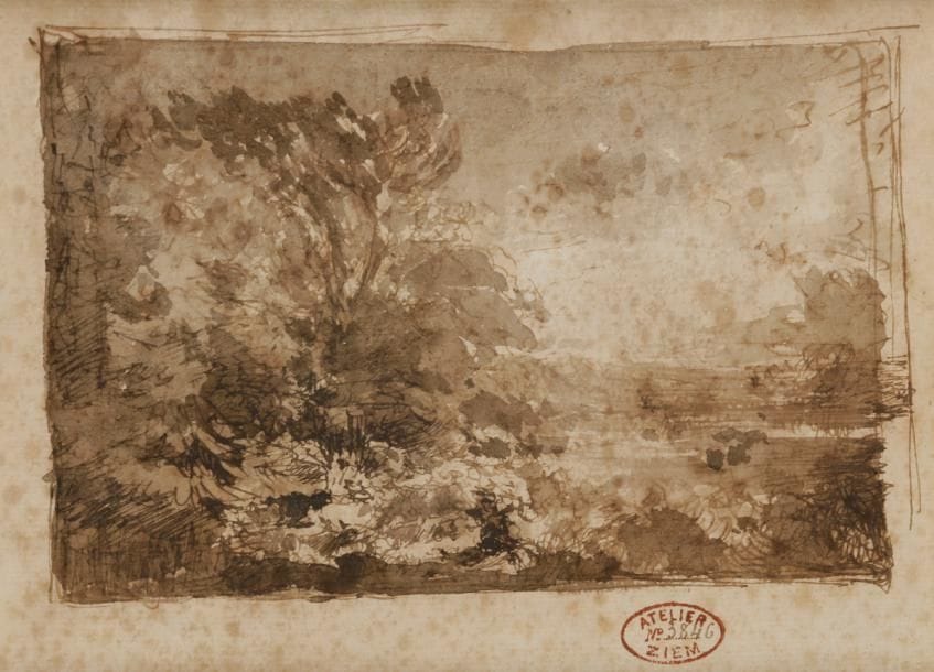 Félix ZIEM (1821-1911)
Paysage
Lavis d’encre.
Porte le timbre de l’atelier (Lugt 3707) et le n°3846.
(Rousseurs).
11.5 x 16 cm