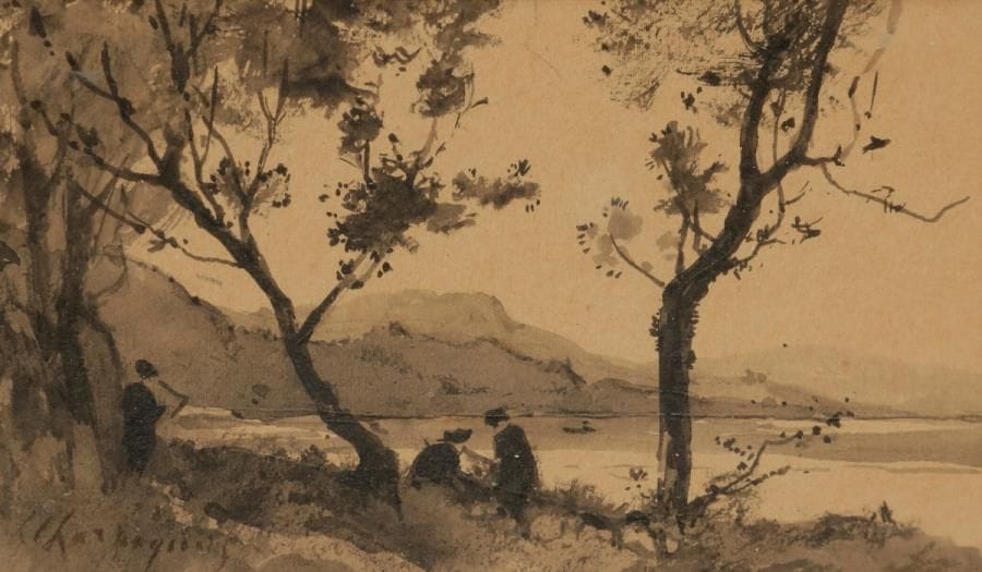 Henri Joseph HARPIGNIES (1819-1916)
Peintres en bord de mer méditerranée, 1901
Encre et lavis d’encre.
Signé en bas à gauche.
Signé, daté et dédicacé au dos.
6 x 10 cm

Cette œuvre sera incluse au Catalogue Raisonné en préparation par Monsieur Jean-Pierre Cappoen.