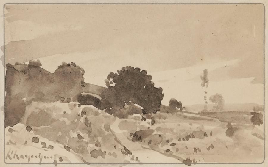 Henri Joseph HARPIGNIES (1819-1916)
Paysage, 1902
Lavis d’encre.
Signé en bas à gauche.
Signé, daté et dédicacé «Tous mes souhaits mon petit Etienne - ce 1er janvier 1902», au dos.
6.5 x 9.5 cm

La dédicace était probablement destinée à Etienne Moreau-Nélaton. 

Cette œuvre sera incluse au Catalogue Raisonné en préparation par Monsieur Jean-Pierre Cappoen.