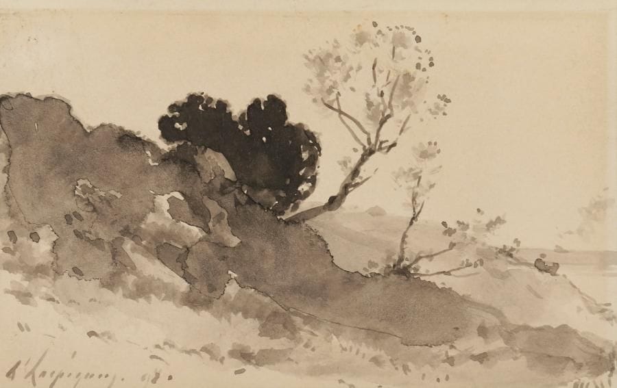 Henri Joseph HARPIGNIES (1819-1916)
Paysage, 1898
Lavis d’encre.
Signé et daté en bas à gauche.
Signé, daté «1899» et annotée «Avec tous mes souhaits et mon meilleur souvenir - ce 1er janvier 1899» au dos.
7.5 x 10.5 cm

Cette œuvre sera incluse au Catalogue Raisonné en préparation par Monsieur Jean-Pierre Cappoen.