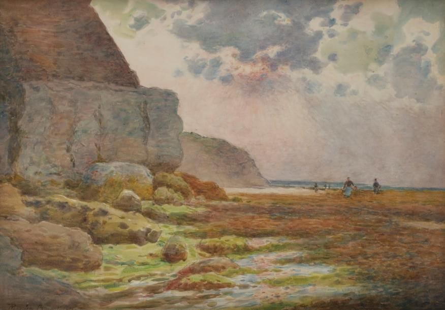 Maurice François A. COURANT (1847-19269)
Pêcheurs à pied au pied des falaises, 1918
Aquarelle.
Signée et datée en bas à gauche.
34 x 47 cm