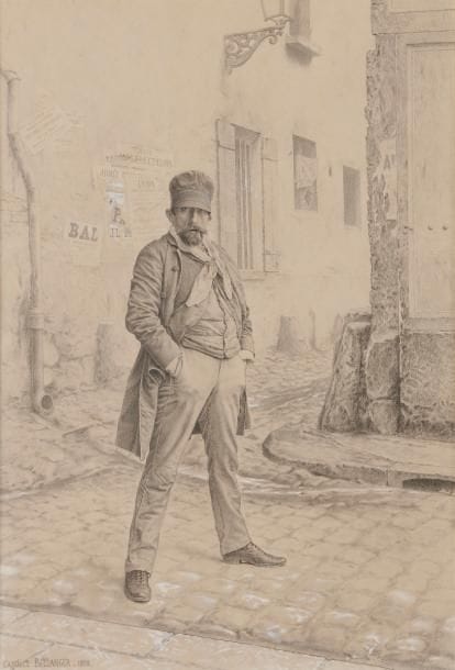 Camille BELLANGER (1853-1923)
Homme debout sur les pavés
Pierre noire et rehauts de gouache blanche.
Signé et daté en bas à gauche.
55 x 37 cm
