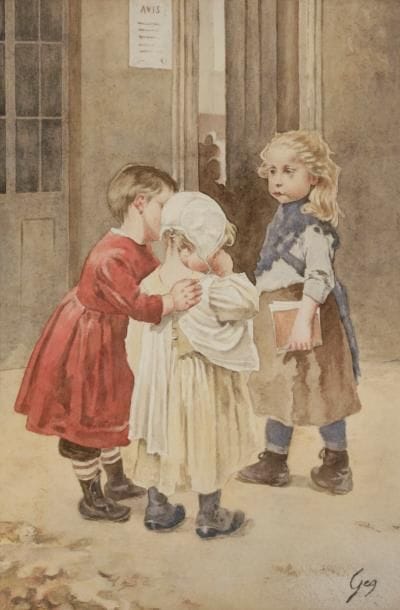 Jean-Jules-Henri Geoffroy dit GEO
(1853-1924)
Trois enfants
Aquarelle.
Signée en bas à droite.
25 x 18 cm