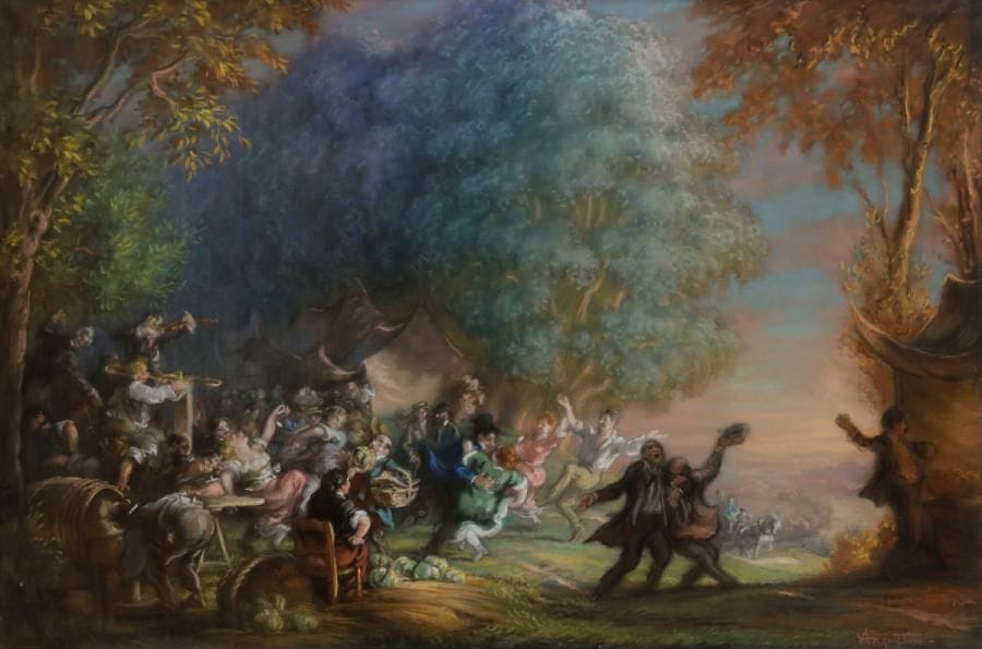 Louis ANQUETIN (1861-1932)
Le Bal champêtre, vers 1893
Pastel.
Signé en bas à droite.
90 x 132 cm
Provenance : 
Vente de l’atelier, Hôtel Drouot, Paris , 28 novembre 2008, n°165.
Ce pastel fût probablement exécuté pour le mariage de son ami Henri Bourges en 1893.