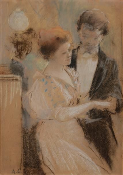Antoine CALBET (1860-1944)
Scène galante
Pastel et pierre noire.
Monogrammé en bas à gauche.
31.5 x 22.5 cm