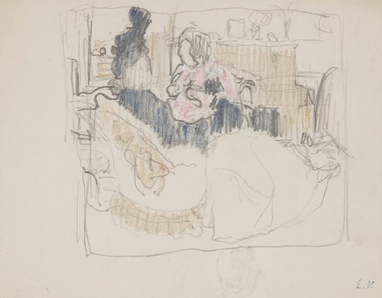 Edouard VUILLARD (1868-1940)
Madame Vuillard et sa petite-fille Annette, rue Truffaut, 1899
Mine de plomb et crayon de couleurs.
Porte le timbre du monogramme en bas droite (Lugt 909c).
11 x 14 cm
