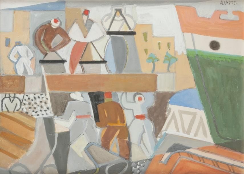 André LHOTE (1885-1962)
Les Scieurs de long à Alexandrie, 1951
Gouache.
Signée en haut à droite.
28 x 38.5 cm

Cette gouache est une étude pour la toile Les Scieurs de long à Alexandrie, 1921.
Nous remercions Madame Bermann-Martin pour les informations qu’elle nous a transmises.