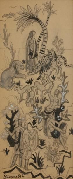 Jean SOUVERBIE (1891-1981)
Jardin enchanté
Mine de plomb, encre et rehauts de gouache.
Signée en bas à gauche.
21 x 8.5 cm