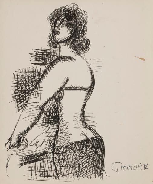 Marcel GROMAIRE (1892-1971)
Femme debout, vers 1928
Encre.
Porte le timbre de la signature en bas à droite.
23 x 19.5 cm