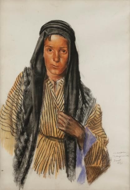 Alexandre IACOVLEFF (1887-1938)
Hassan, Palmyrénien, 1931
Sanguine, pastel et craie noire sur papier.
Titré, et daté «9 avril 1931» en bas à droite.
74 x 54 cm

Cette œuvre sera inscrite au catalogue raisonné d’Alexandre Iacovleff, actuellement en cours de préparation par Madame Caroline Haardt de La Baume. Un certificat d’authenticité de Madame Caroline Haardt de La Baume sera remis à l’acquéreur.

Nous remercions Madame Caroline Haardt de La Baume pour les informations contenues dans cette notice.
