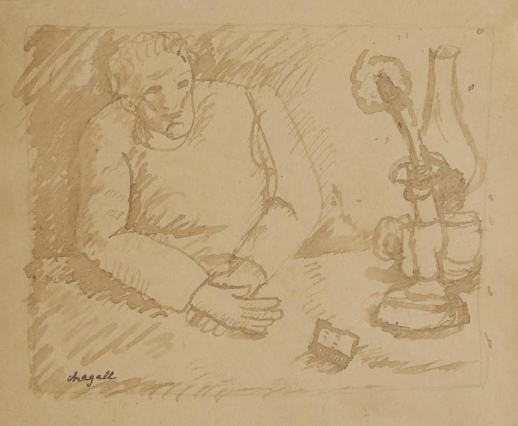 Attribué à Marc CHAGALL (1887-1985)
Homme à la lampe à pétrole
Lavis d’encre.
Signé en bas à gauche.
15.5 x 18 cm

Provenance :
Ancienne collection Madelaine Gabail.

