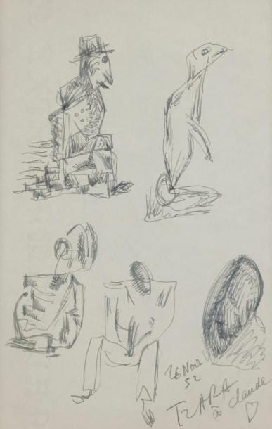Tristan TZARA (1896-1963)
Études d’animaux et personnages, 1952
Encre double face.
Signée, datée et dédicacée en bas à droite à Claude (Roy).
20.5 x 13.5 cm