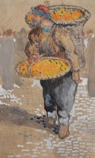 Jean-Émile LABOUREUR (1877-1943)
Marchand d’oranges à Istamboul, 1910
Gouache sur vélin.
Signée et annotée «Stamboul MCMX» dans l’angle inférieur gauche. 
27.5 x 17 cm