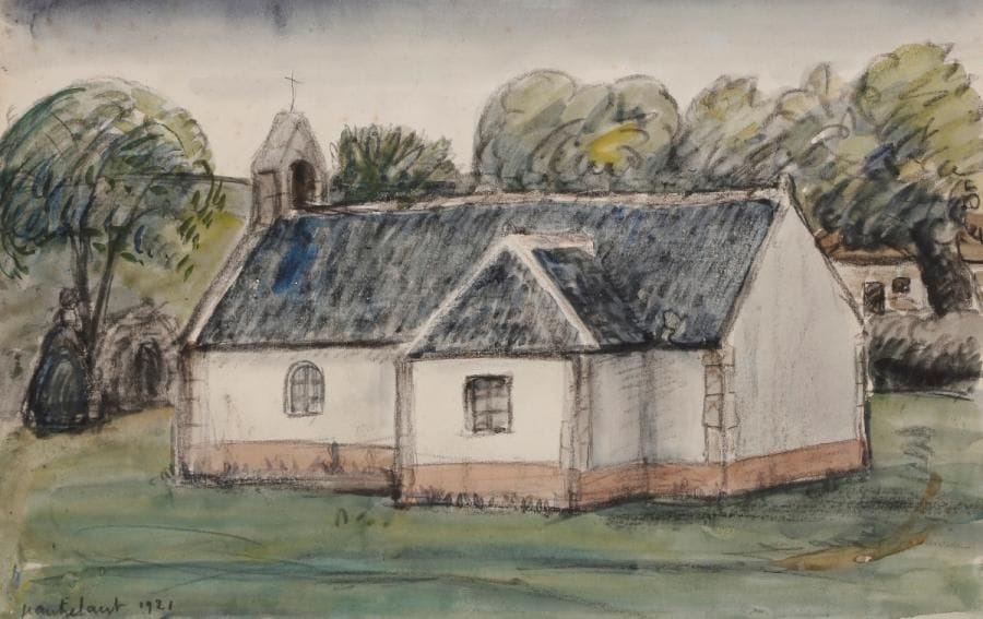 Jean FRÉLAUT (1879-1954)
Chapelle de Mériadec (près de Vannes), 1921
Aquarelle, pierre noire et encre de Chine sur vélin mince.
Signée et datée en bas à gauche. 
(Rousseurs claires éparses au verso).
21 x 31.5 cm