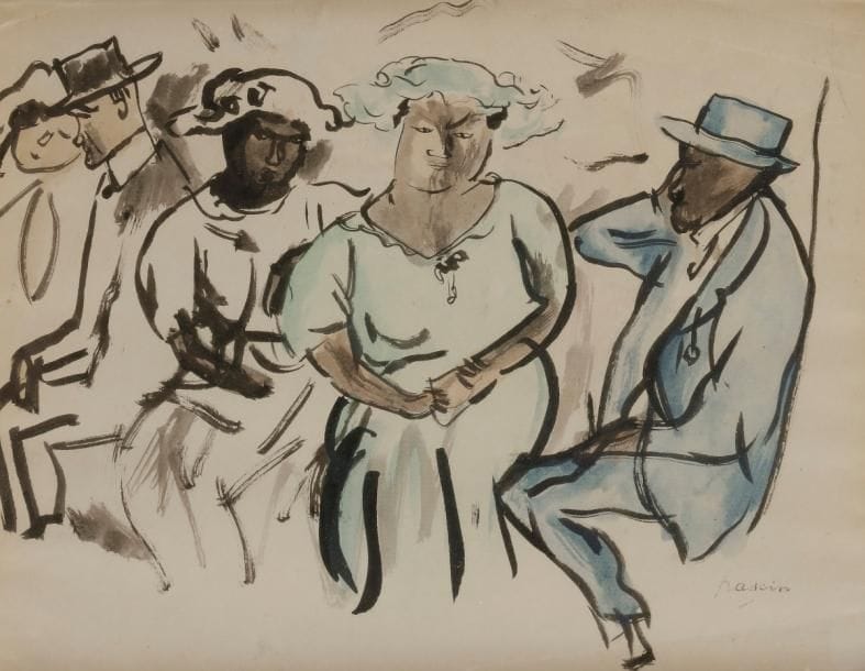 J. Pincas dit PASCIN (1885-1930)
Conversation à Cuba
Encre et aquarelle.
Porte le timbre de la signature et de l’atelier en bas à droite.
19 x 24 cm
Nous remercions le comité Pascin d’avoir confirmé l’authenticité de cette œuvre.