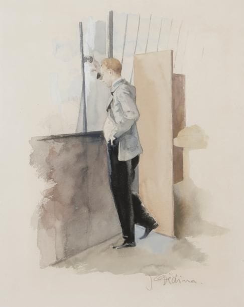 Jean DÉDINA (1870-1955)
Homme à la fenêtre (projet d’illustration), vers 1940
Aquarelle sur vélin blanc.
Signée en pied au crayon.
34 x 26.8 cm