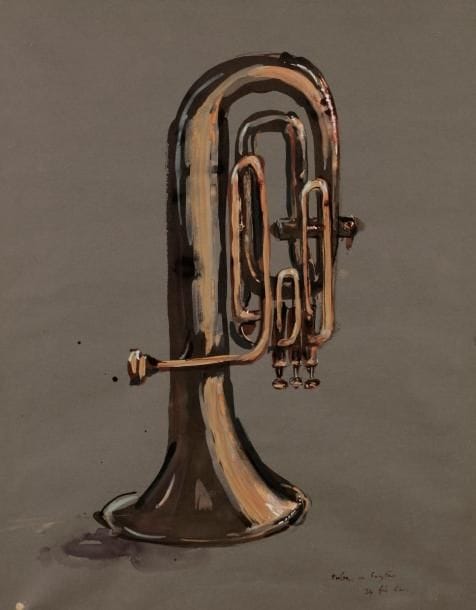 Jean HELION (1904-1987)
Tuba ou Baryton, 1962
Gouache.
Signée et datée au dos.
Datée et titrée en bas à droite.
59 x 43 cm
