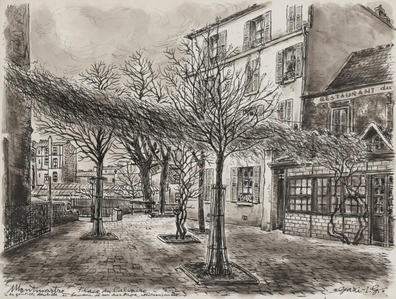 I. G. GAZI (1900-1975)
Montmartre, Place du Calvaire
Encre et lavis.
Signé en bas à droite.
Titré et dédicacé en bas à gauche.
Cadre fait par l’artiste.
33 x 42 cm