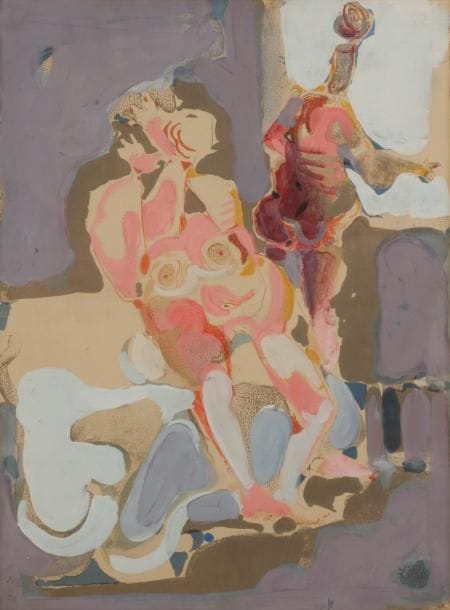 Paul REBEYROLLE (1926-2005)
Composition, 1959
Gouache sur fond lithographique contrecollée sur toile.
Signée et datée en bas à gauche.
52 x 37 cm
Provenance : 
Collection du compositeur Philippe-Gérard, Clamart.