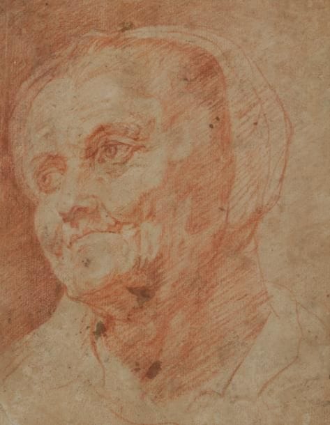 ÉCOLE DU NORD du XVIIe siècle
Tête de vieille femme au fichu
Sanguine.
(Taches).  
16.7 x 12.5 cm