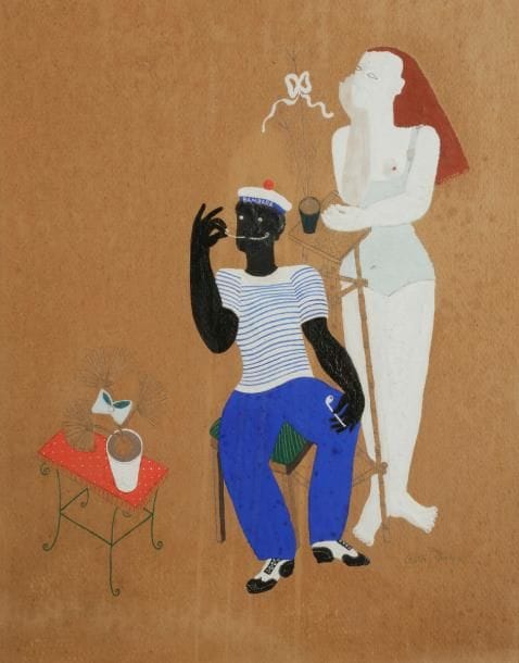 Colette GUEDEN (1905-2 000)
Marin Bambara et fille de joie, vers 1950
Gouache sur traits de crayon.
Signée en bas à droite.
38.5 x 30.5 cm