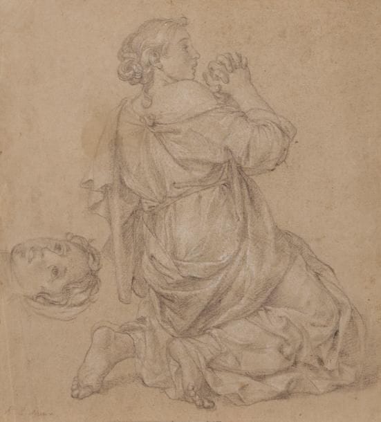 ÉCOLE FRANÇAISE du XVIIe siècle
Femme agenouillée implorant
Pierre noire et rehauts de craie blanche sur papier beige.
Annotée en bas à gauche : E. Le Sueur.
(Petits manques sur les bords, taches, pliures).
29 x 26 cm