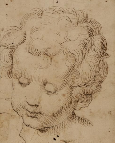 ÉCOLE ITALIENNE du XVIIe siècle
Tête de Putti
Plume et encre brune.
Porte au verso un monogramme d’un collectionneur CMB.
(Petits trous et déchirures).
18.5 x 14 cm