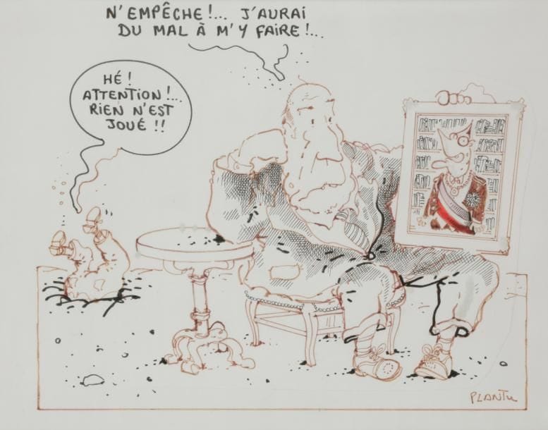 Jean Plantureux dit PLANTU (né en 1952)
François Mitterrand et l’élection de Jacques Chirac à la Présidence de la République en 1995
Encre noire et encres de couleurs, collage.
Signé en bas à droite.
19.5 x 25 cm