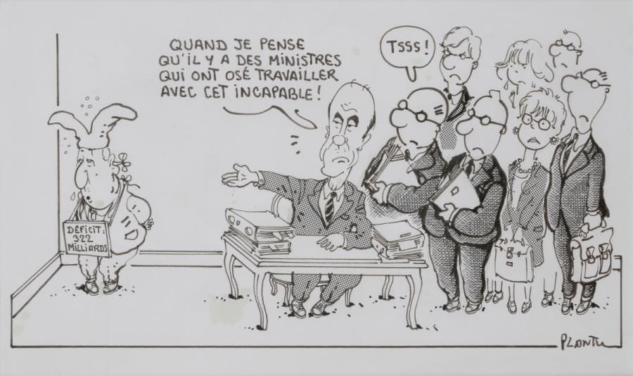 Jean Plantureux dit PLANTU (né en 1952)
Alain Juppé Premier Ministre et l’héritage d’Edouard Balladur
Encre noire.
Signée en bas à droite.
14.5 x 25 cm