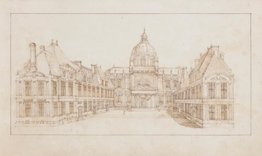 Attribué à Israël SILVESTRE
(1621-1691)
Vue perspective de La Sorbonne
Plume et encre brune sur traits de crayon noir.
Annotée anciennement « Silvestre » au verso.
16 x 27.3 cm