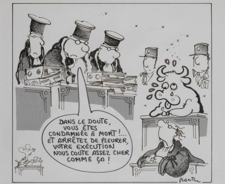 Jean Plantureux dit PLANTU (né en 1952)
La Crise de la vache folle en France, l’abattage des bêtes à la fin des années 90
Encre noire.
Signée en bas à droite.
19.5 x 20.5 cm