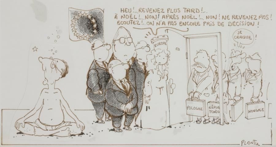 Jean Plantureux dit PLANTU (né en 1952)
Jacques Delors et l’intégration à l’Europe de la Pologne, la République Tchèque et la Hongrie
Encre noire, encre brune et collage.
Signé en bas à droite.
12.5 x 24.5 cm