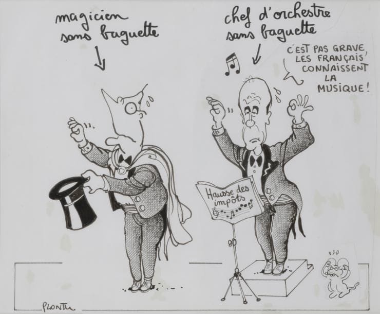Jean Plantureux dit PLANTU (né en 1952)
Jacques Chirac, Alain Juppé et la hausse des impôts en 1995
Encre noire et collage.
Signé en bas à gauche.
20 x 23 cm