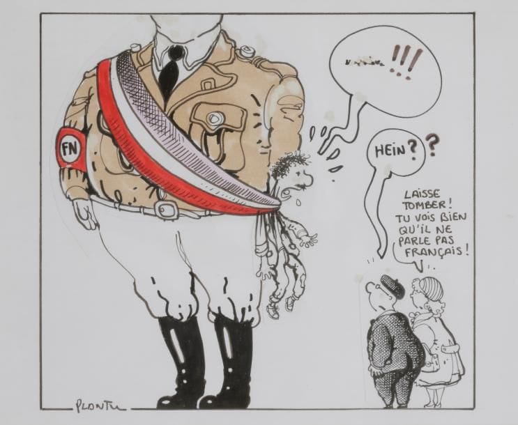 Jean Plantureux dit PLANTU (né en 1952)
Les Premiers maires du Front National en 1995
Encre noire, encres de couleurs et collage.
Signé en bas à gauche.
18.5 x 22 cm