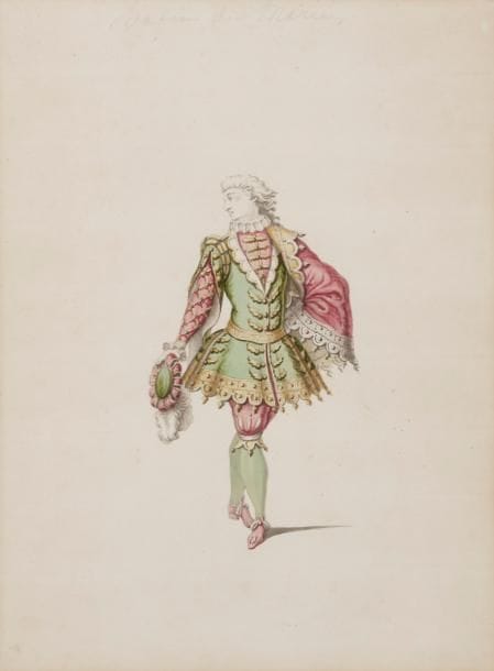 Jean II BERAIN (c.1674-1726)
Habis de Marié
Aquarelle et crayon noir.
Dans un cadre ancien.
30 x 20.5 cm
Provenance : 
Vente de collection d’un amateur, Paris, Hôtel Drouot, Me Cornette de Saint-Cyr, le 26 avril 1982, n°56, reproduit pl.IX

Maquette de costume pour Monsieur Balon pour Le lendemain de la noce au village, mascarade représentée devant le Roi à Marly en 1700.
Jean Balon (1676-1739) est le plus ancien des danseurs masculins de l’Opéra de Paris. Il fit sa première représentation sur scène à l’âge de 12 ans et fut engagé de manière régulière à partir de 1691.