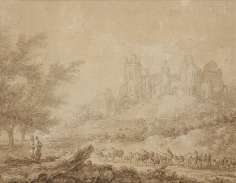 ÉCOLE FLAMANDE du XVIIIe siècle
Berger et son troupeau devant une ruine
Lavis brun sur traits de crayon noir.
(Mauvais état: insolé, taches).
35 x 44 cm