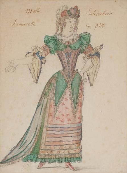 ÉCOLE française de la fin XVIIe siècle
Mademoiselle Salembier Demoiselle de Dill
Plume, encre noire et aquarelle gouachée.
Dans un cadre ancien.
(Aquarelle sans doute postérieure, quelques rousseurs).
35.5 x 25 cm