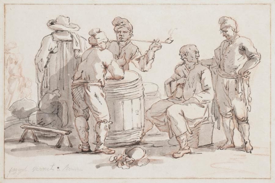 ÉCOLE FRANÇAISE du XVIIIe siècle
Personnages discutant
Plume et encre grise sur traits de sanguine, lavis gris.
Annoté postérieurement en bas à gauche «Joseph Vernet».
(Collé sur un montage ancien).
15.5 x 23.5 cm