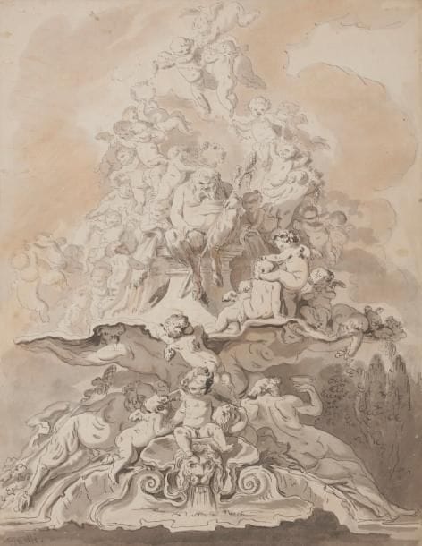 Attribué à Louis-Felix DELARUE (1730-1777)
Fontaine Bachique
Plume et encre de chine, lavis gris et sanguine.
Collée sur son montage XVIIIe.
Annotation postérieure en bas à gauche «Piunelli».
53.5 x 38.5 cm