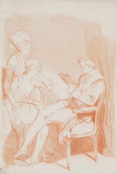 Louis Roland TRINQUESSE (1745/46-1799)
Élégante en pied - Scène de lecture
Contre épreuve de sanguine retouchée.
(Quelques petites rousseurs).
44 x 27.5 cm - 38.5 x 25.3 cm
Provenance : 
- Ancienne Collection Geismar (Lugt 2078b).
- Ancienne Collection Prat (Lugt 3617).